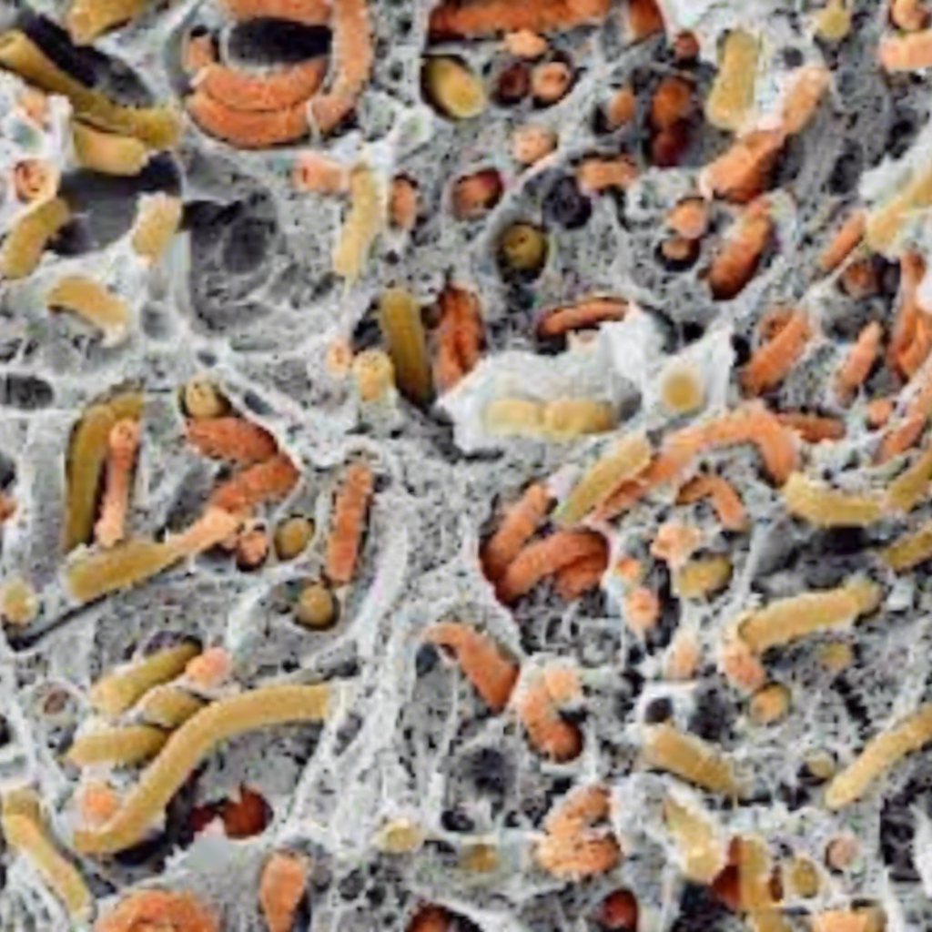 Electronen microscopische opname van bacterien en gisten op de dextran matrix van waterkefirkorrels (science photo library)